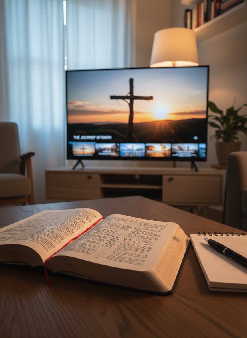 A large, modern television screen on a simple wooden media console displays a paused frame of a Christian documentary, with an elegant grid of video thumbnails subtly visible along the bottom edge. An open Bible with slightly worn pages rests in the foreground on a dark oak coffee table, alongside a neatly stacked notebook and pen. Soft evening lamp light mixes with faint natural dusk light from a nearby window, creating gentle reflections on the screen and warm highlights on the page edges. Photographic realism, eye-level composition with shallow depth of field keeps the Bible and screen sharply focused while the rest of the living room blurs softly, evoking a calm, reverent atmosphere suited for thoughtful Christian video reviews.
