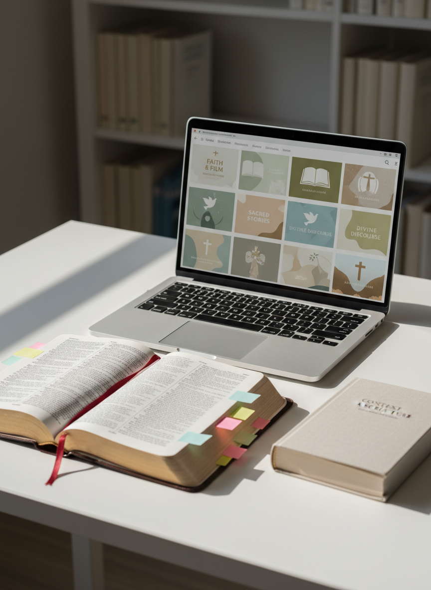A laptop on a tidy white desk shows a streaming platform interface filled with tasteful Christian video thumbnails, each with muted, respectful imagery. In front of the laptop lies an open hardcover Bible with a ribbon marker, a few small sticky notes, and a slim commentary book arranged neatly. Mid-morning natural light pours through an unseen window from the left, casting soft, directional light across the pages and a gentle glow on the laptop keyboard. Photographic realism with a three-quarter elevated angle emphasizes both the digital screen and printed scripture, with the background fading into a subtle bokeh of shelves holding indistinct, neutral-toned books, creating a professional, studious mood for a Christian review blog.